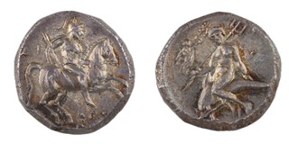 Calabria, Tarentum, 272-235 BC, 19mm, silver Nomos, Obv: Warrior on horse galloping to right holding spear and shield / Rev: Taras astride dolphin to left, holding trident, Nike crowing Taras with wreath. S.342, VF. 	