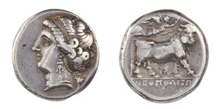 Campania, Neapolis, c. 270-40 BC, 20mm, silver Didrachm, Obv: Head of nymph left / Rev: Bearded man-faced bull right, crowned by Nike flying above. S.310, F. 		