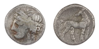 Carthage, 270-250 BC, 20mm, silver Shekel, Obv: Head of Tanit wreathed with corn and wearing triple drop earring / Rev: Horse standing to right looking back. S.6440, F. 