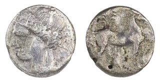 Carthage, 264-241 BC, 28mm, silver Triple Shekel, Obv: Tanit head, left, wreathed with corn / Rev: Horse facing right, palm tree behind. S.6430, F. 	