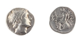 Seleucid Empire, Antiochos II, c. 261-246 BC, 18mm, silver Drachm, Obv: Diademed head of Antiochos II right / Rev: Apollo seated left on omphalos, examining arrow in right hand. S.6886, F. 	