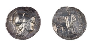 Seleukid Empire, Seleukos II, c. 246-226 BC, 18mm, silver Drachm, Obv: Head of Athena, right, wearing Corinthian helmet / Rev: Naked Apollo standing left, resting hand on bow. S.6900, F. 	