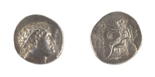 Pergamene Kingdom, Attalos I, c. 241-197 BC, 31mm, silver Tetradrachm, Obv: Laureate head of Philatairos right / Rev: Athena seated on throne wearing helmet, holding wreath with right hand, leaning on shield with left hand, bow behind her, thyrsus in left field. S.7220, aVF. 	