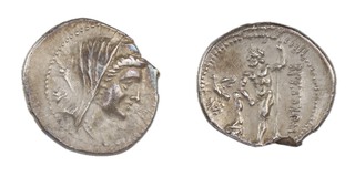 The Brettii, Bruttium, Second Punic war period, c. 216-214 BC, 20mm, silver Drachm, Obv: Veiled head of Velia, sceptre over shoulder / Rev: Zeus standing to left, right foot on Ionic capital, holding sceptre, eagle to left holding wreath. VF. 	