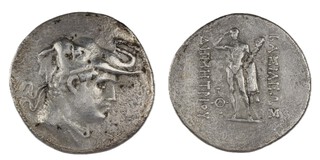 Indo-Greek Kingdom of Baktria, Demetrios I, c. 205-171 BC, 24mm, silver Tetradrachm, Obv: Bust facing right, wearing elephant scalp headdress / Rev: Herakles holding club and lionskin. S.7526, F.