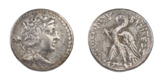 Egypt, Ptolemy V, c. 204-180 BC, 19mm, silver Didrachm, Obv: Draped bust of Ptolemy V, diademed and wreathed with ivy thyrsus over shoulder / Rev: Eagle standing left, on thunderbolt. S.7874, F. 	