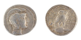 Athens, Attica, c. 200-100 BC, 30mm, silver Tetradrachm, Obv: Head of Athena wearing triple crested helmet / Rev: Owl standing facing on overturned amphora, to left, eagle standing right on thunderbolt, all within laurel wreath. S.1837/9, F. 	