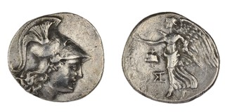 Side, Pamphylia, c. 200 BC, 30mm, silver Tetradrachm, Obv: Head of Anthony in Corinthian helmet / Rev: Nike holding wreath, pomegranate in field. S.5432, VF. 