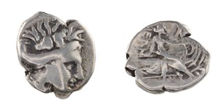 Euboia, Histiaia, c. 200 BC, 13mm, silver Tetrobol, Obv: Head of nymph Histaia, facing right / Rev: Nymph seated, right, on prow. S.2496, F. 	