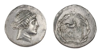 Kyme, Aeolis, c. 200 BC, 32mm, silver Tetradrachm, Obv: Head of the Amazon Kyme, right, wearing taenia / Rev: Horse pacing right, above one handled cup, all within wreath. S.4183, aVF. 