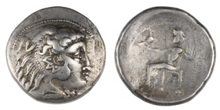 Danubian Celtic (imitation of Alexander the Great type), c. 200 BC, 26mm, silver Tetradrachm, Obv: Head of Alexander wearing lion skin, right / Rev: Zeus seated left, holding eagle and sceptre. S.210, F. 