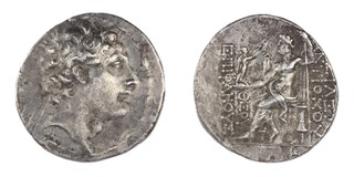 Seleukid Kingdom, Antiochos IV, c. 175-164 BC, 31mm, silver Tetradrachm, Obv: Diademed head right / Rev: Zeus enthroned left, holding sceptre in left hand and Nike in his right hand, Nike crowning Zeus with wreath. S.6975, F. 	