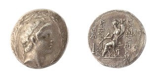 Seleucid Empire, Demetrios I, c. 162-150 BC, 29mm, silver Tetradrachm, Obv: Diademed head right, within wreath / Rev: Tyche seated left on throne, holding baton in right hand, cornucopia in left hand. S.7014, F. 	