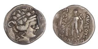 Thasos, c. 148 BC, 32mm, silver Tetradrachm, Obv: Head of young Dionysis wreathed with ivy and wearing headband, facing right / Rev: Naked Herakles holding lionskin and leaning on club. S.1579, VG.