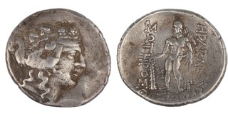 Thasos, c. 148 BC, 34mm, silver Tetradrachm, Obv: Head of young Dionysis wreathed with ivy and wearing headband, facing right / Rev: Naked Herakles holding lionskin and leaning on club. S.1579, F. 	