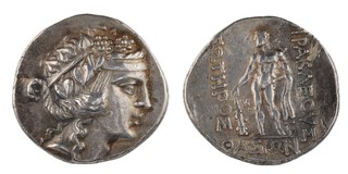 Thasos, Thrace, c. 140 BC, 32mm, silver Tetradrachm, Obv: Head of Dionysos wreathed with ivy facing right / Rev: Naked Herakles standing to left, holding lion skin and resting on a club. S.1759, VF. 