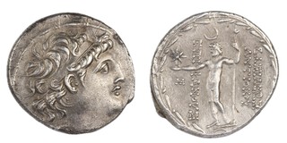 Seleucid Empire, Antiochos VIII, c. 121-96 BC, 29mm, silver Tetradrachm, Obv: Diademed head of Antiochos / Rev: Zeus standing holding star and sceptre. S.7143/4, F. 	