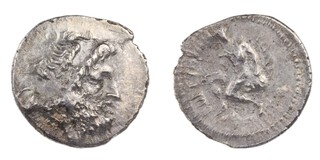 Gortyna, Crete, c. 100 BC, 20mm, silver Drachm, Obv: Diademed head of Zeus facing right / Naked male seated left, on a rock holding a bow and a quiver. S.3185, F. 	