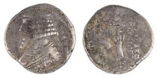 Parthian Empire, Phraates IV, c. 38-32 BC, 32mm, silver Tetradrachm, Obv: diademed bust right / Rev: Phraates seated right, receiving wreath from Tyche standing left, surrounded by inscription. S.7465, aF. 	