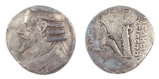 Parthian Kingdom, Phraates IV, 26 BC to 4 AD, 26mm, silver Tetradrachm, Obv: Diademed bust of king, left / Rev: Phraates seated right, receiving wreath from Tyche standing left, surrounded by inscription. S.7465, F. 