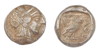 Attica, 490 BC, 23mm, silver Tetradrachm, Obv: Head of Athena right, wearing crested Attic helmet ornamented with olive leaves and spiral palmette / Rev: Owl standing right with head facing, owl sprig and crescent behind, all within incuse square. S.1839, aVF. 	