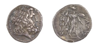 Thessalian League, c. 196-146 BC, 21mm, silver Double Victoriatus, 5.92g, Obv: Head of Zeus crowned with oak / Rev: Thessalian Pallas Itonia striding to right, hurling spear with right hand, extending shield with left. aVF. 	