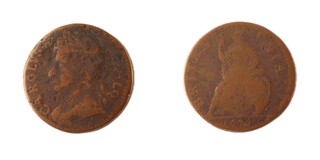 United Kingdom, Charles II, 1672 copper Farthing, 22mm. Obv: Laureate and cuirassed bust of Charles, Seated figure of Britannia facing left, spear in left hand, olive branch in right hand, shield with Union flag resting at left. S.3394, F. 