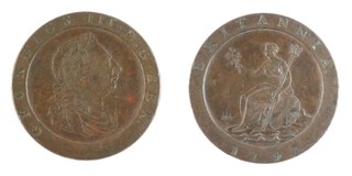 United Kingdom, George III, 1797, copper Cartwheel Twopence, 41mm. Obv: Laureate profile of George, right / Rev: Britannia seated left, with trident in left hand. S.3776, VF. 