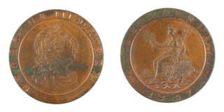 United Kingdom, George III, 1797, copper Cartwheel Twopence, 41mm. 41mm. Obv: Laureate, draped bust of George, right / Rev: Britannia seated left, with trident in left hand. S.3776, EF. 