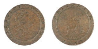 United Kingdom, George III, 1797, copper Cartwheel Twopence, 41mm. Obv: Laureate, draped bust of George right / Rev: Britannia seated, left, with trident in left hand. S3776, VF. 	