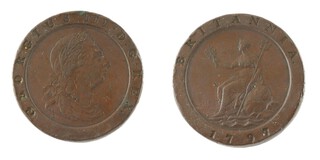 United Kingdom, George III, 1797, copper Cartwheel Twopence, 41mm. Obv: Laureate and draped profile of George, legend around on raised rim / Rev: Seated figure of Britannia, left, trident in left hand. S.3776, VF. 