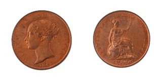 C127,United Kingdom, Victoria, 1841 bronze Halfpenny, 28mm. Obv: Obv, Young Bareheaded bust of Victoria, left / Rev: Britannia seated, right, with trident in left hand. S.3949, EF. 	