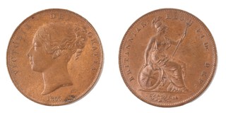 United Kingdom, Victoria, 1855 bronze Penny, 34mm. Obv: Young uncrowned bust of Victoria, left / Rev: Britannia seated, right, ornate trident in left hand, national flower emblems in exergue. S.3948, EF. 