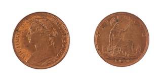 United Kingdom, Victoria, 1890 bronze Farthing, 20mm. Obv: Laureate profile of Victoria, left / Rev: Britannia seated, right, trident in left hand. Mounted in a plastic box. S.3958, F. 	