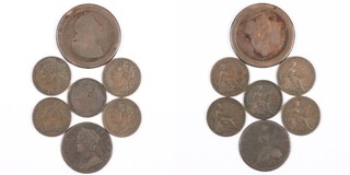 United Kingdom, George II Halfpenny; George III Cartwheel Penny; five George IV Farthings. Mainly F to VF. (7) 