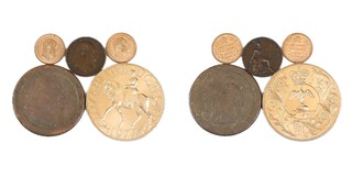 United Kingdom, George III Cartwheel Penny, two Edward VII Third Farthings, Farthing; Elizabeth II Silver Jubilee Crown. G to VF. (5)