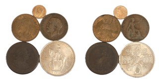 United Kingdom, George III Cartwheel Penny, George V Third Farthing, Penny; George VI Penny; Elizabeth Coronation Crown. G to VF. (5)		