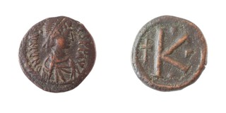 Byzantine Empire, Anastasius I,491-518, copper Half Follis, 19mm. Obv: Diademed and draped bust right / Rev: Large K, cross to left. S.23 