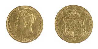 United Kingdom, George IV 1826 gold Sovereign, 22mm, 7.8g. Obv: Bare head profile of George, left / Rev: Crowned shield of arms and mantle. S.3801 	
