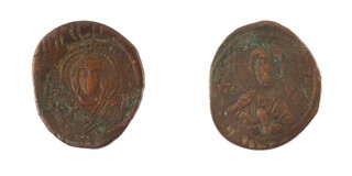 Byzantine Empire, Romanus IV Diogenes,1068-1071, bronze Follis, 29mm. Obv: Crowned bust of Christ facing forward, holding a scroll with left hand / Rev: Shrouded bust of the Virgin facing. S.1866 