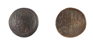 Byzantine Empire, bronze Half Follis, 26mm. Crowned Christ seated, facing/ Rev: Two Emperors seated, side by side. F. 	