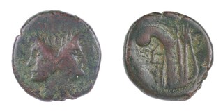 Roman Republic, Sextus Pompeius Magnus Pius, Sicily 43-36 BC, bronze As, 29mm, Obv: Janiform head with features of Pompey / Rev: Prow of galley right. S.1394, F. 