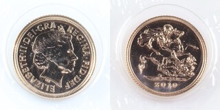 United Kingdom, Elizabeth II 2010 gold Half Sovereign, 19mm, 4.0g. IR-B portrait of Elizabeth right / Rev: St. George on horseback slaying the dragon, right. SB7, unc. 