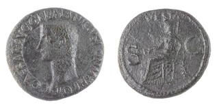 Roman Empire, Caligula, 37-41 AD, bronze As, 28mm, Obv: Bare head of Caligula, left / Rev: Vesta seated left, S-C either side. S.1803, F.