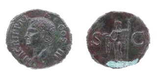 Roman Empire, Caligula, 37-41 AD, copper As, 30mm, Obv: Crowned Agrippa bust, left / Rev: Neptune standing to left holding a dolphin and a trident (Issued by Caligula in honour of his deceased grandfather Agrippa). S.1812, aVF. 