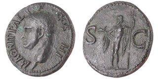 Roman Empire, Caligula, 37-41 AD, Copper As, 27mm, Obv: Crowned Agrippa bust, left / Rev: Neptune standing left holding dolphin and trident (Issued by Caligula in honour of his deceased grandfather Agrippa). S.1812, aVF. 