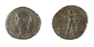 Roman Empire, Claudius, 41-54 AD, copper As, 29mm, Obv: Bare head of Claudius left / Rev: Minerva, helmeted and draped, advancing right, holding javelin and shield. S1861, F. 