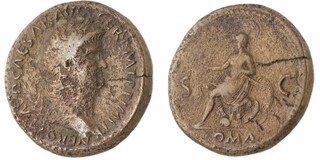 Roman Empire, Nero, 54-68 AD, brass Sestertius, 32mm, Obv: Laureate bust of Nero, right / Rev: Roma seated left, holding Victory. S.1961, F. 