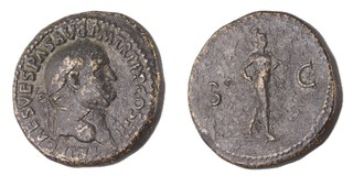 Roman Empire, Vespasian, 69-79 AD, bronze Sestertius, 32mm, Obv: Laureate bust of Vespasian, right / Rev: Mars, advancing right carrying spear and trophy. S.2326, aF.