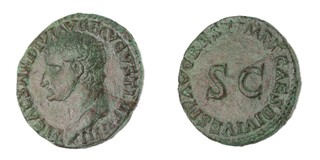 Roman Empire, Titus (restoration issue for Tiberius), 80-81 AD, copper As, 25mm, Obv: Bare head of Tiberius, left / Rev: Inscription around SC. S.1770, F. 